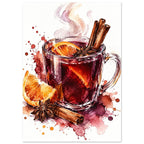 Watercolour glass of mulled wine with cinnamon sticks, star anise and orange slices