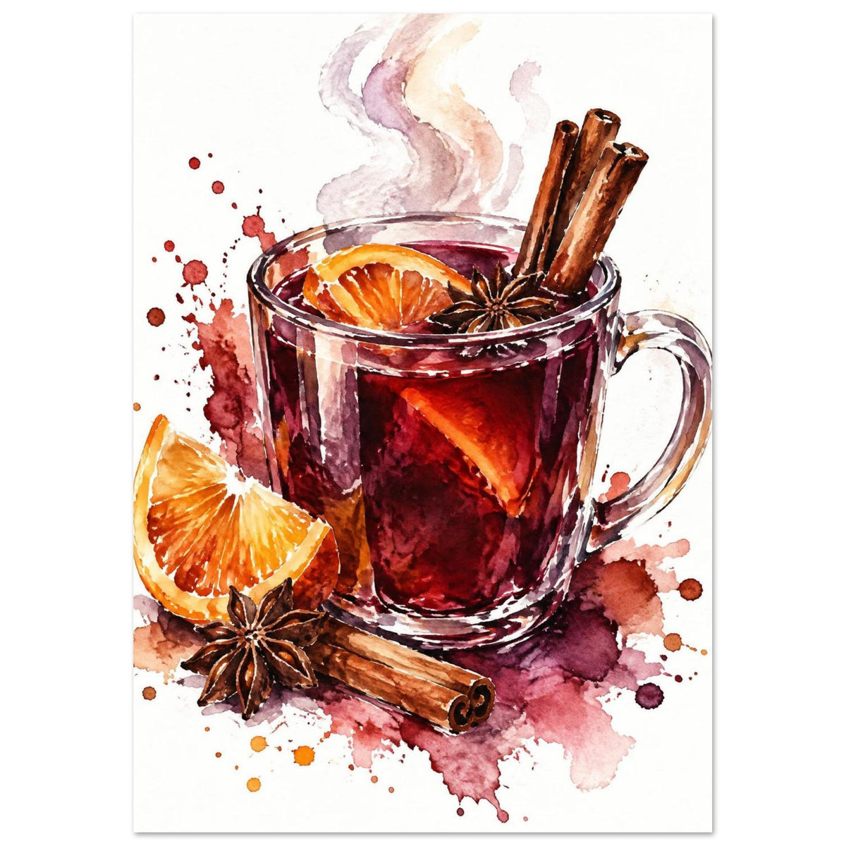 Watercolour glass of mulled wine with cinnamon sticks, star anise and orange slices