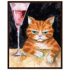 Ginger cat with green eyes resting its white paws on a golden table beside a tall glass of pink liquid, on black.