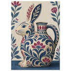Rabbit-shaped jug decorated with blue leaves and burgundy flowers, surrounded by floral stems on a cream background.