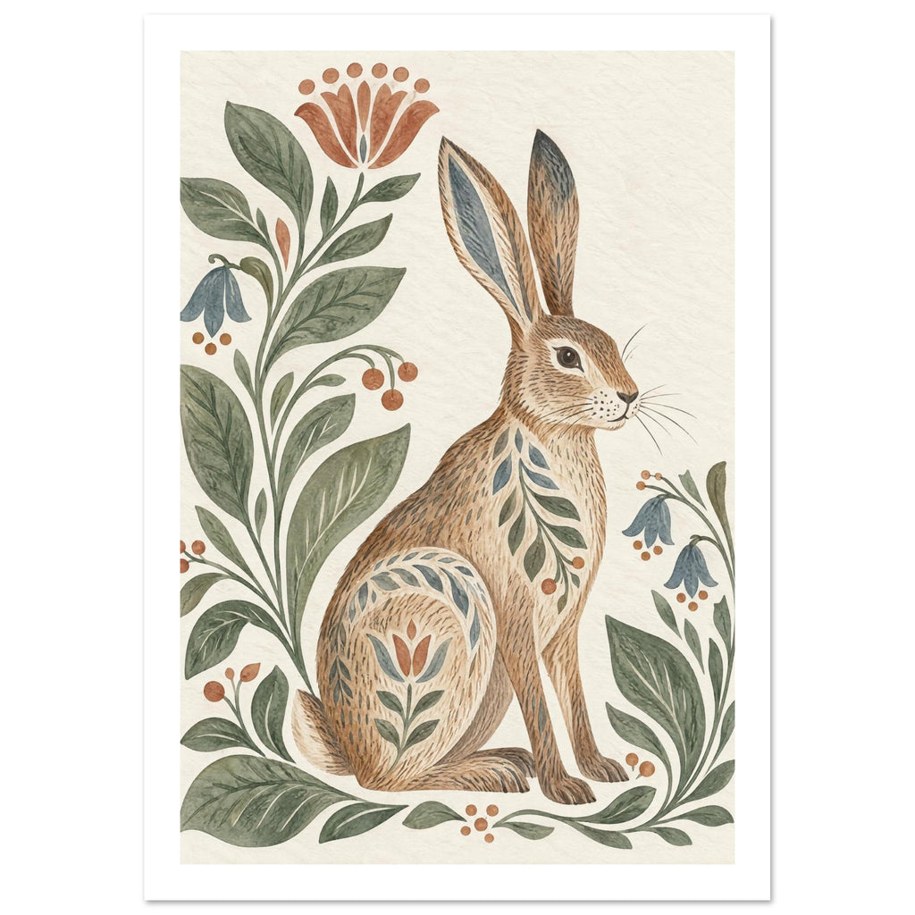 Brown hare decorated with leaf and flower patterns, surrounded by green foliage and muted blooms on a cream background.
