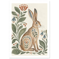 Brown hare decorated with leaf and flower patterns, surrounded by green foliage and muted blooms on a cream background.