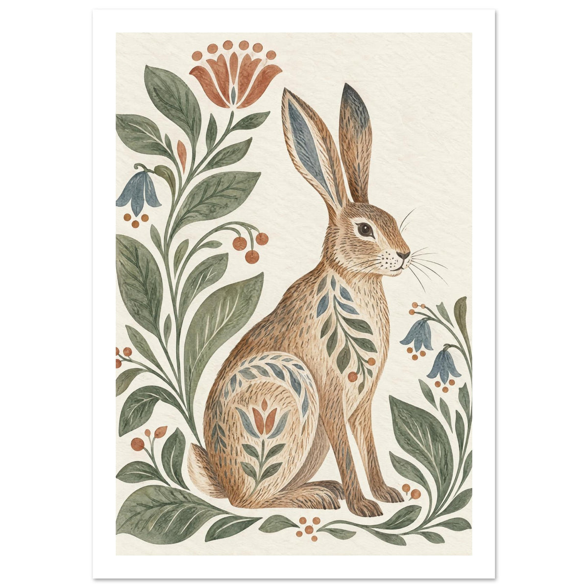 Brown hare decorated with leaf and flower patterns, surrounded by green foliage and muted blooms on a cream background.