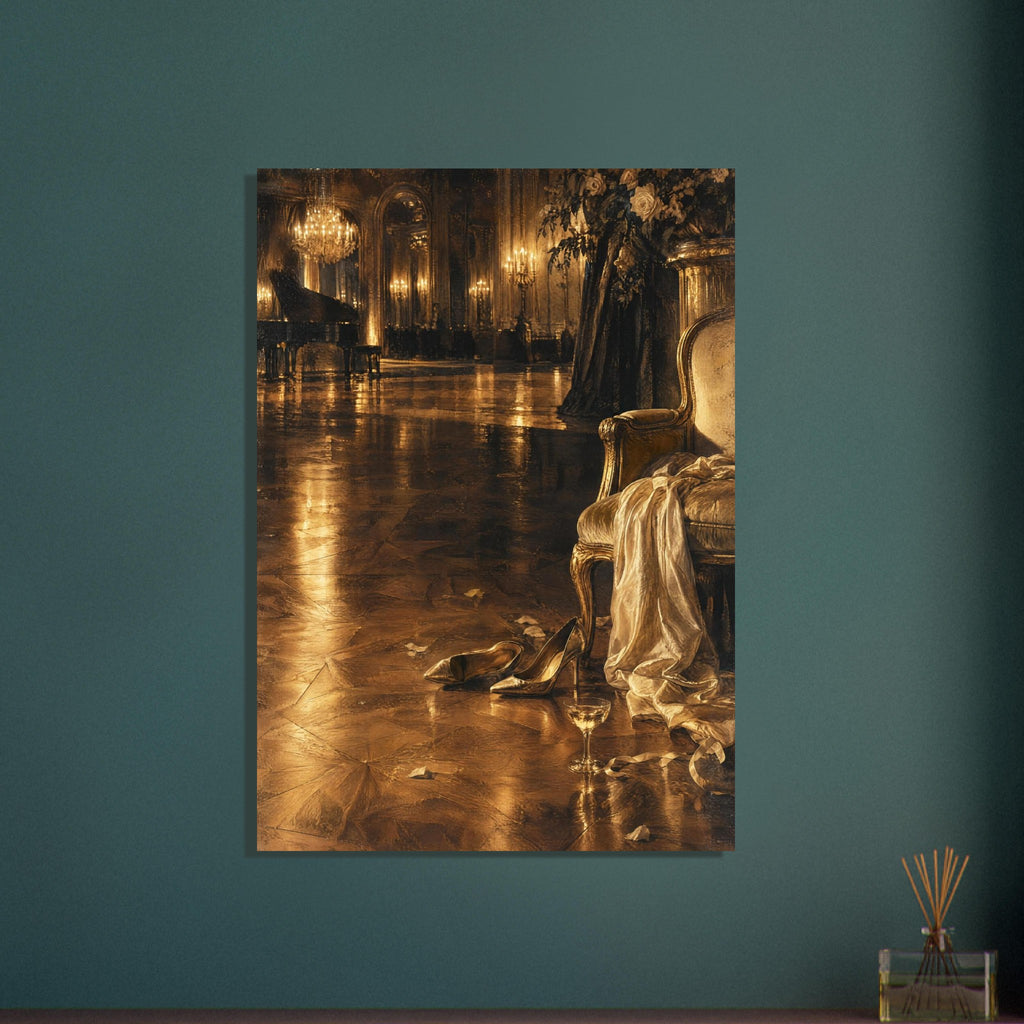 Golden ballroom with chandelier, grand piano, gilded chair draped in fabric, heels and a glass on a reflective floor.