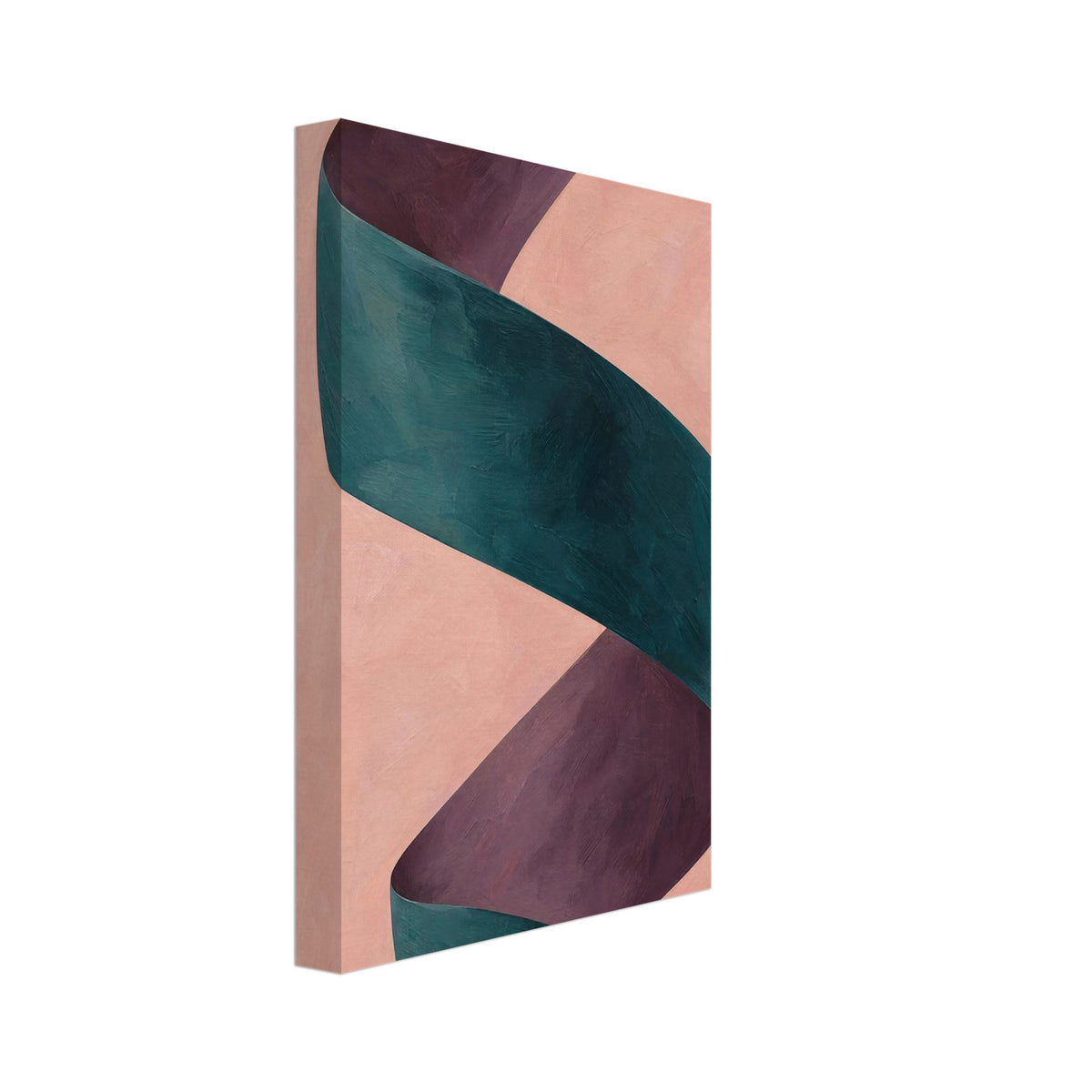 Twisting teal ribbon with plum-coloured inner folds on a textured peach background.