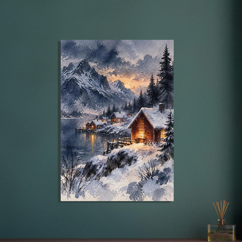 Watercolour snowy Nordic village at dusk with warm light in the cottage windows