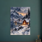 Watercolour snowy Nordic village at dusk with warm light in the cottage windows