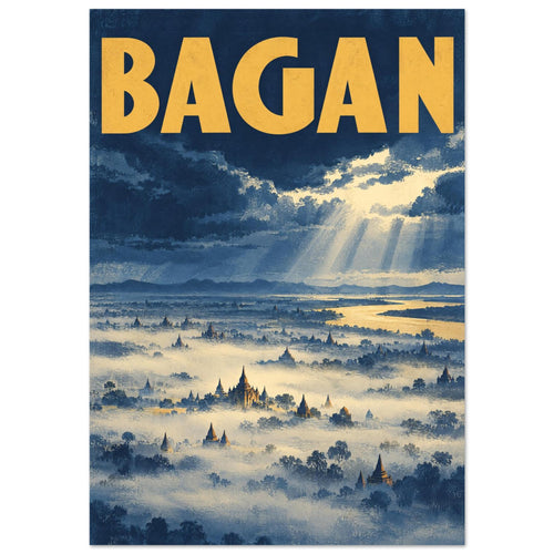 Bagan temples rising through mist beneath blue storm clouds and sunbeams, with a golden river and bold yellow BAGAN text.
