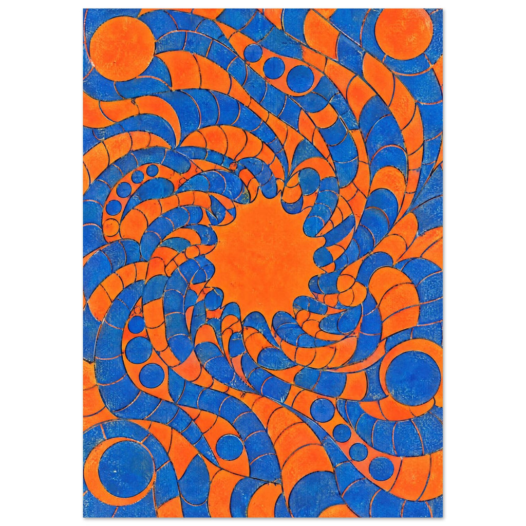 Blue and orange segmented ribbons and circles swirl around an orange centre, with fine dark outlines and mottled texture.