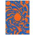 Blue and orange segmented ribbons and circles swirl around an orange centre, with fine dark outlines and mottled texture.