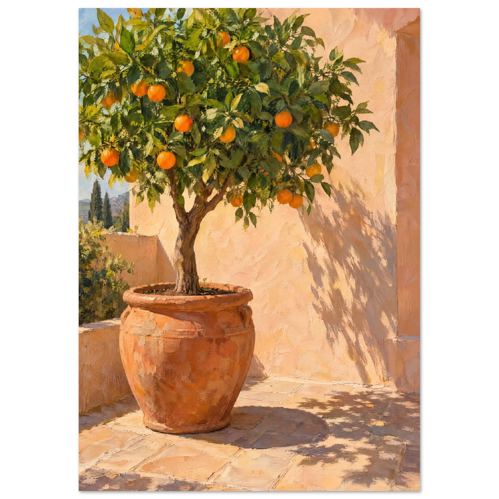 Orange tree in a terracotta pot on sunlit courtyard paving, with leafy shadows cast across a peach wall.