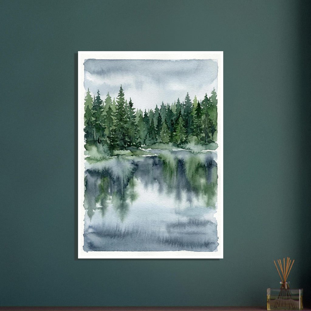 Watercolour pine forest beside a lake, with green trees reflected in blue-grey water beneath a cloudy sky.