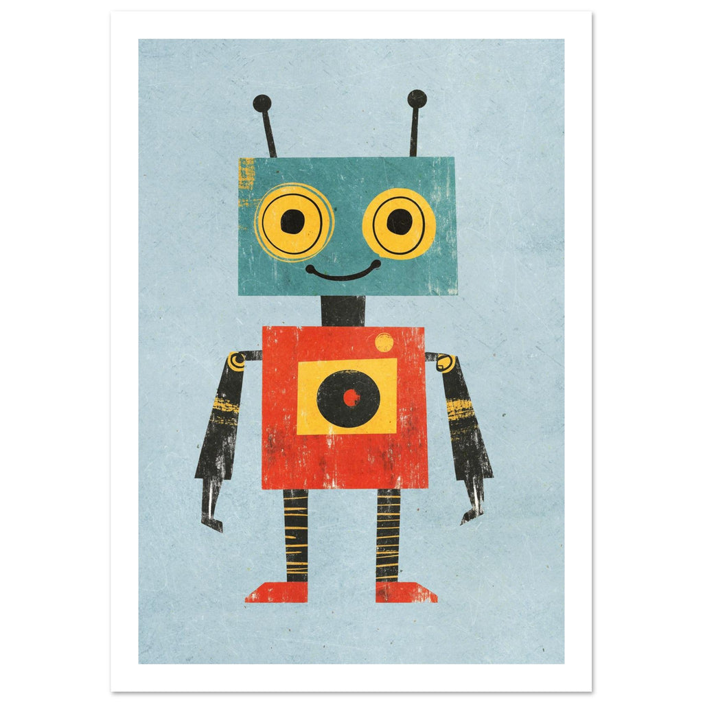 friendly robot art print for the nursery, soft painterly artwork on matte paper