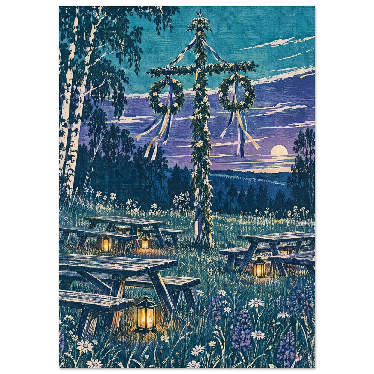 Midsummer Pole Blue Landscape Art Print