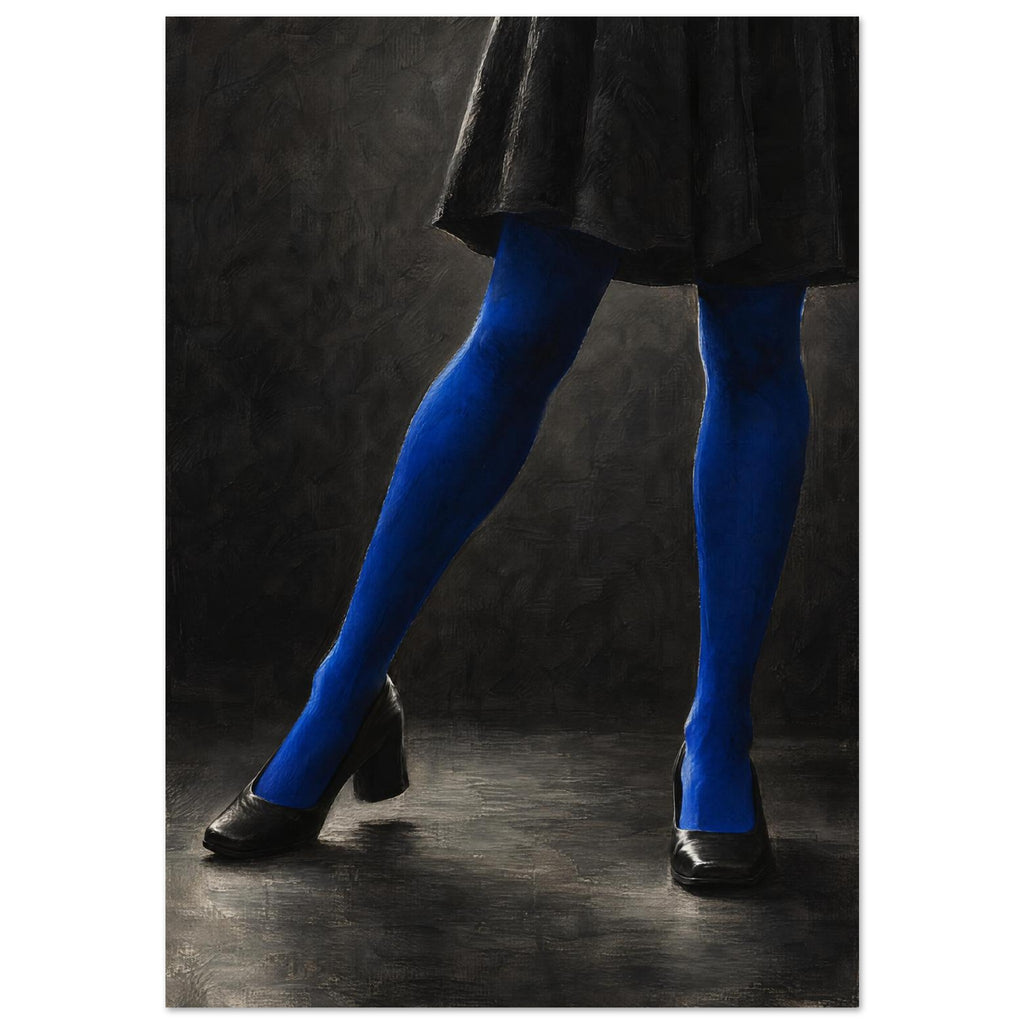 Cobalt Stockings, cropped legs in blue tights and black shoes forming an angular pose against a charcoal studio background.