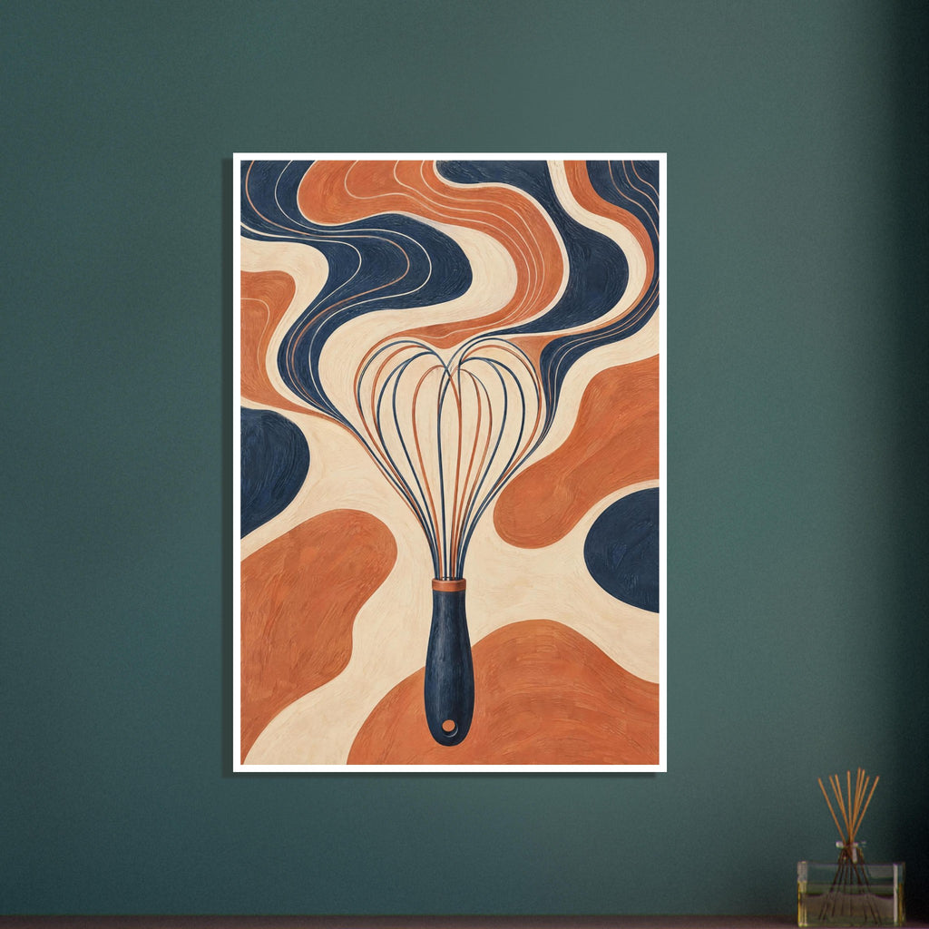 Kitchen whisk with a navy handle against textured, flowing bands of terracotta, cream and navy.
