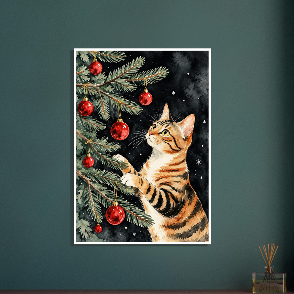 Striped orange cat reaching into evergreen branches with red Christmas baubles against a dark background with snowflakes.