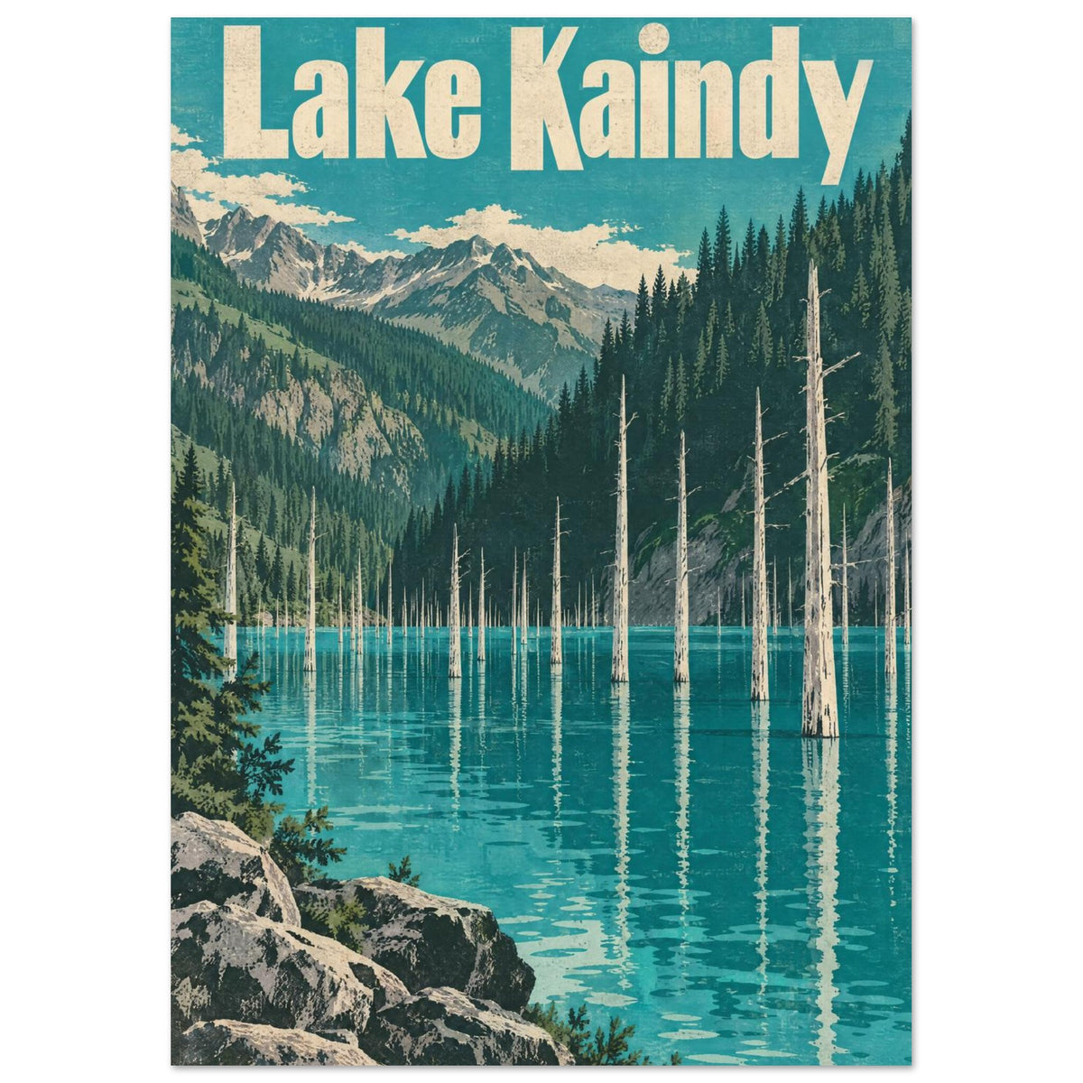 Lake Kaindy travel poster with turquoise water, bare tree trunks, forested mountains and large cream lettering.