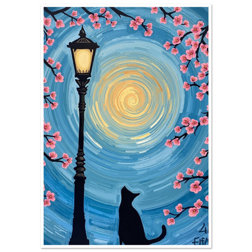 Black cat beside a glowing street lamp, framed by pink blossom branches against a swirling blue and yellow sky.