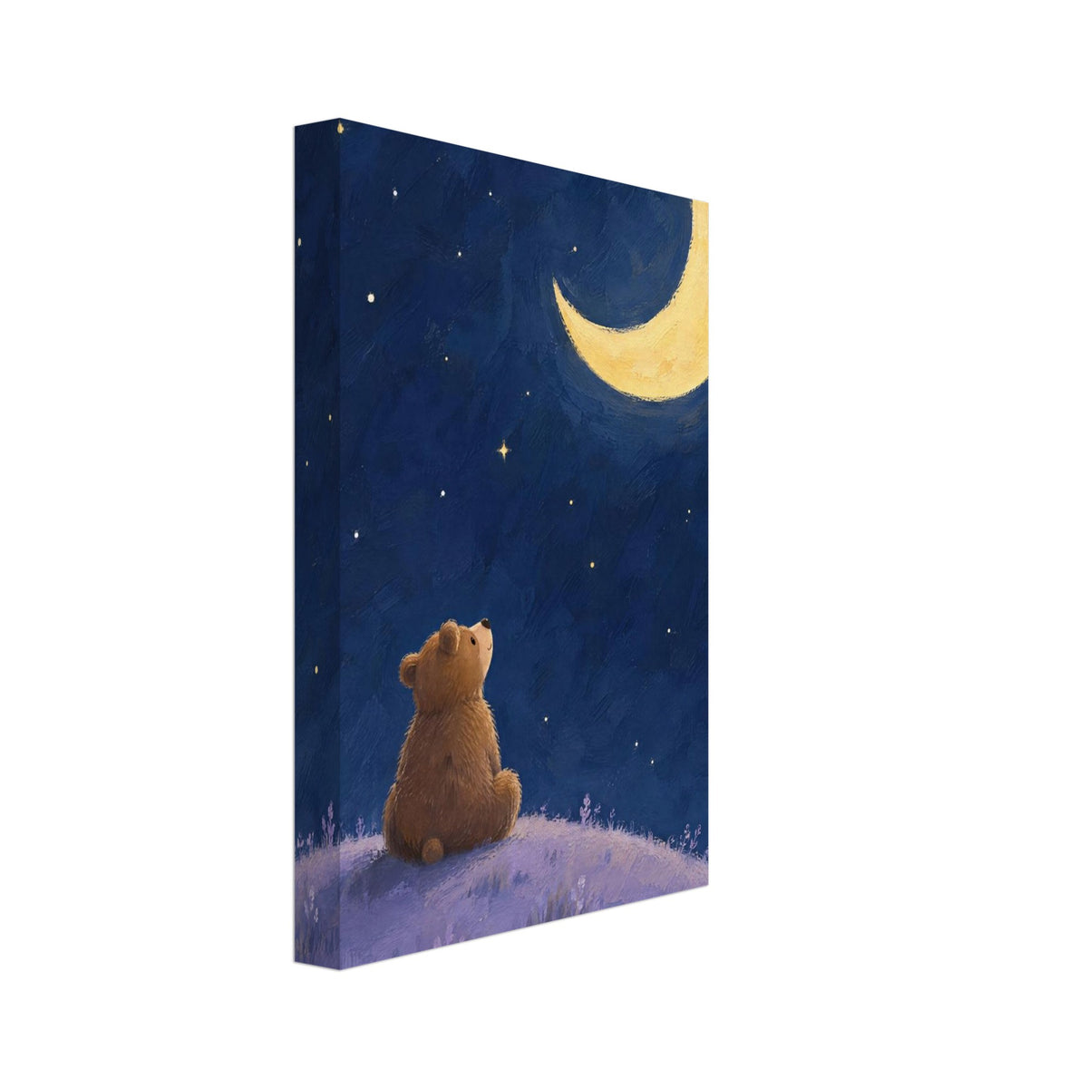 Brown bear sitting on a lilac hill, looking up at a yellow crescent moon and scattered stars in a deep blue sky.