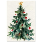 Watercolour Christmas tree with red baubles and a gold star, painted in loose green brushstrokes