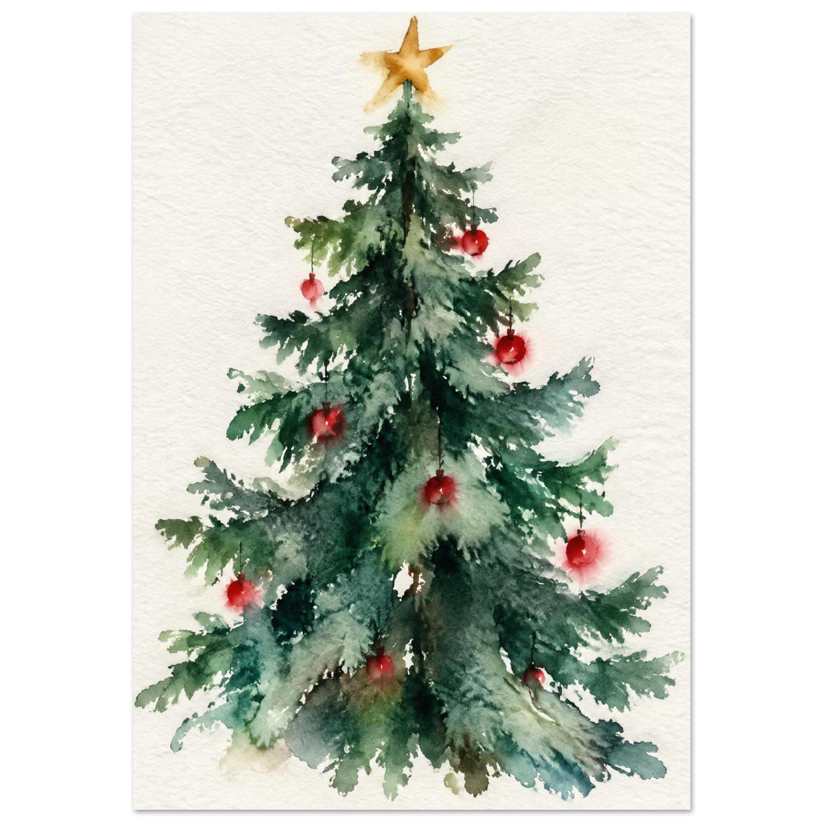 Watercolour Christmas tree with red baubles and a gold star, painted in loose green brushstrokes