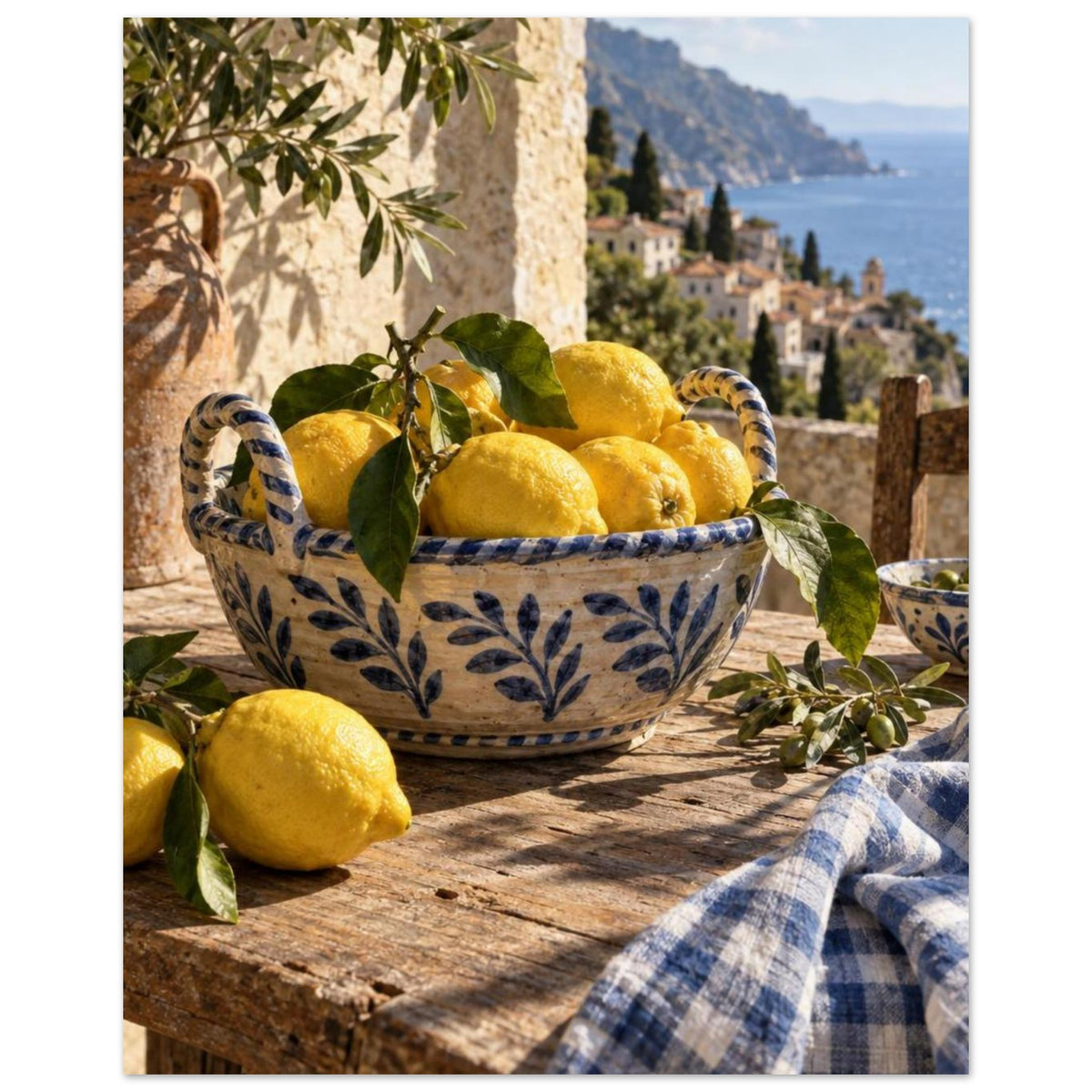 Lemons in a blue-and-white bowl on a wooden table, with olive branches, checked cloth and a coastal village beyond.