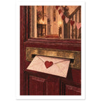Heart-sealed envelope in a brass letterbox on a burgundy door, with candles and heart garlands visible through the glass.