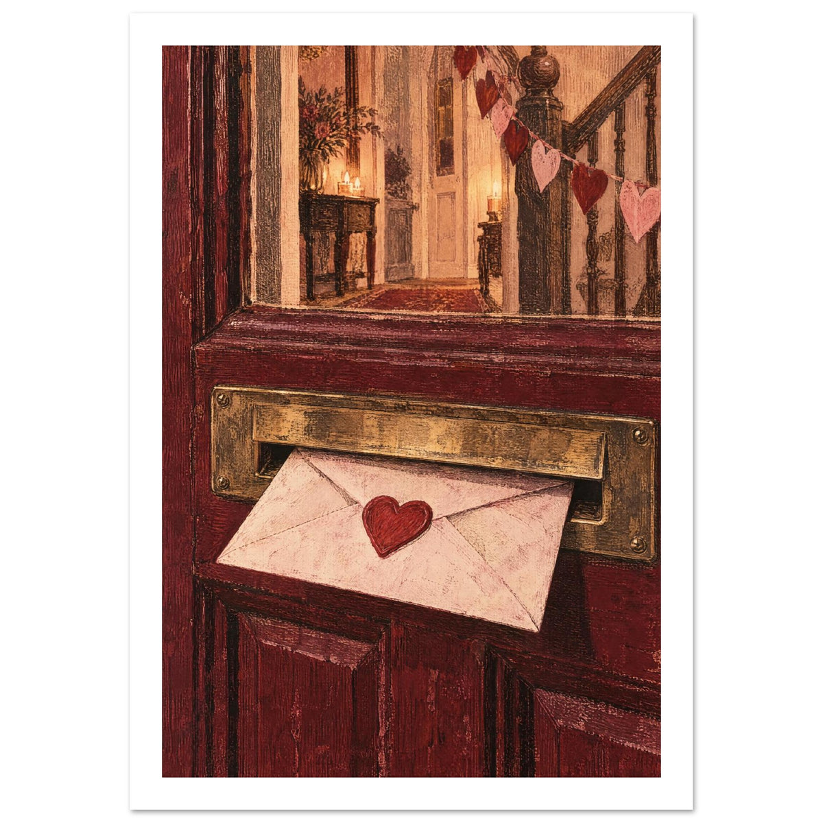 Heart-sealed envelope in a brass letterbox on a burgundy door, with candles and heart garlands visible through the glass.