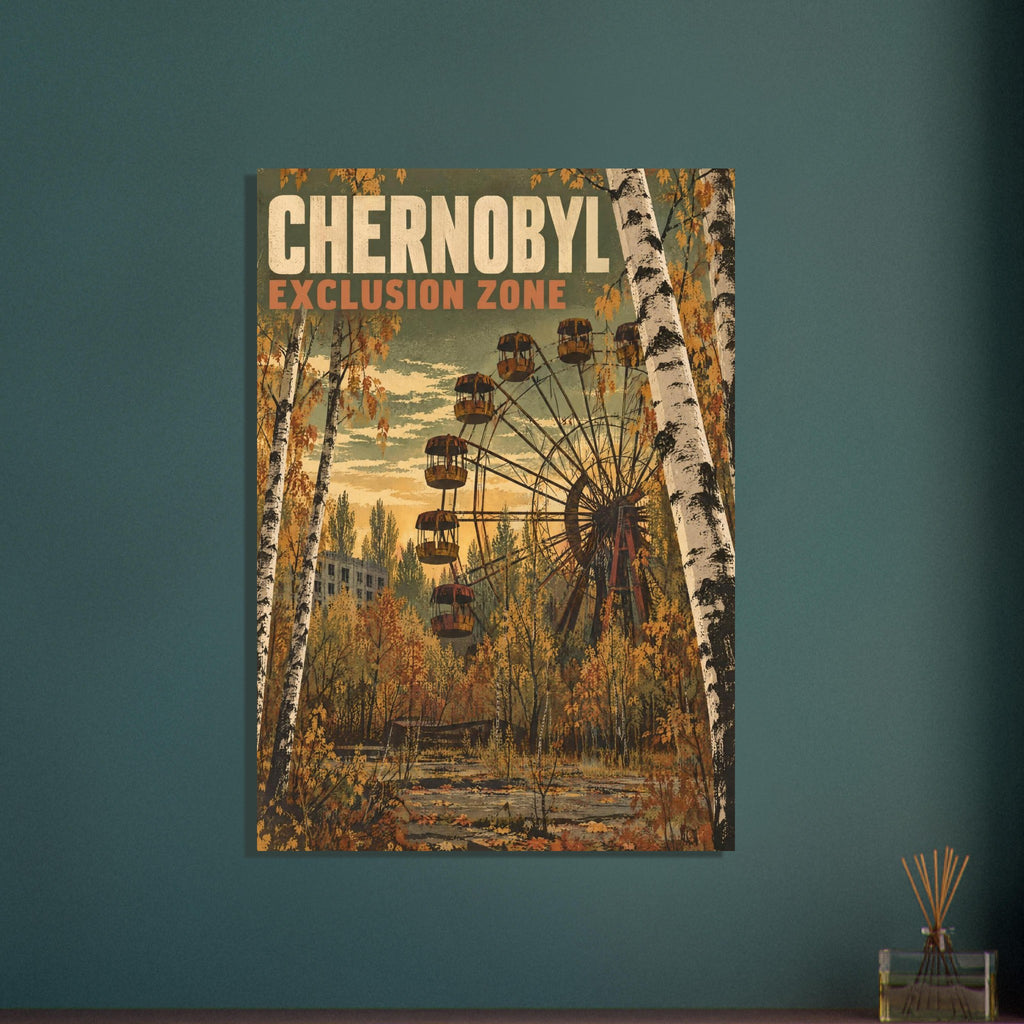 Chernobyl Exclusion Zone lettering above a Ferris wheel surrounded by autumn foliage, birch trees and overgrown paths.