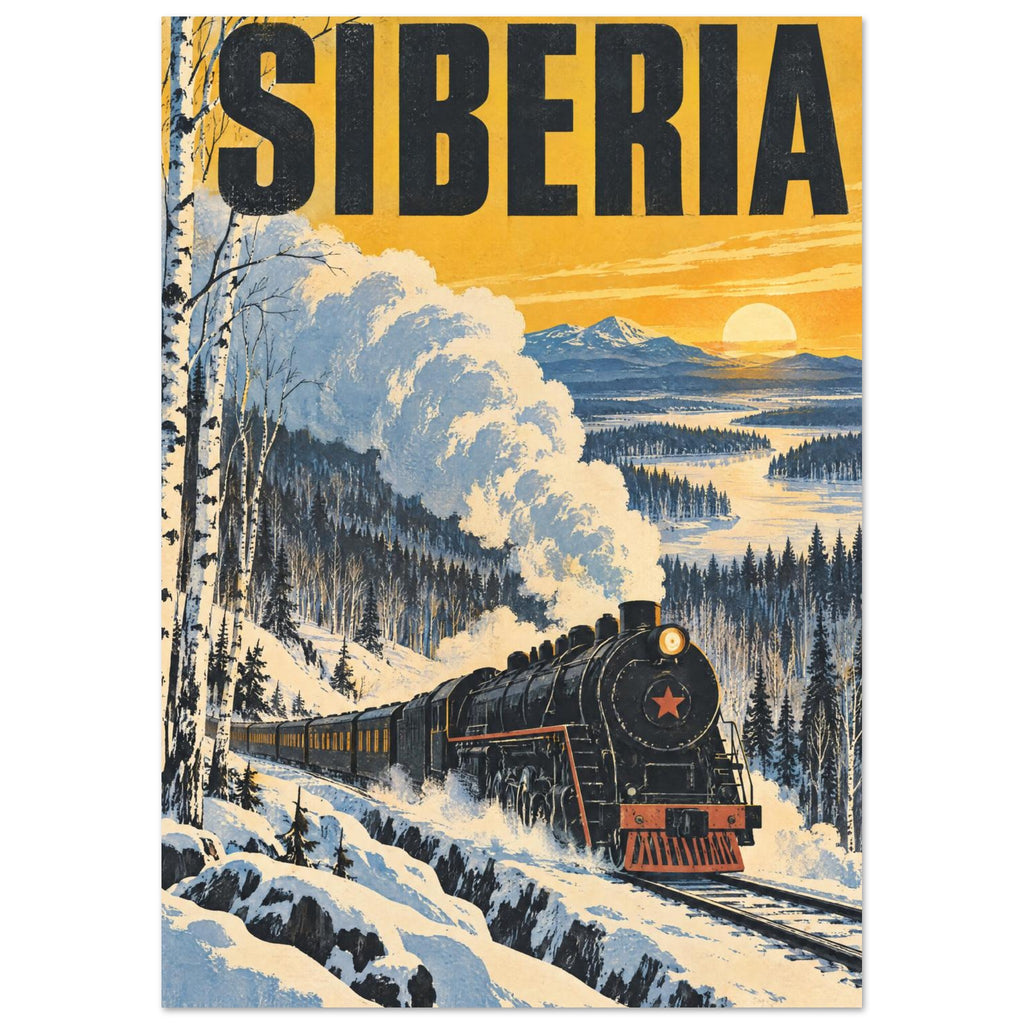 Steam train crossing snowy woodland beneath Siberia lettering, with billowing steam, distant mountains and a golden sky.