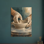 Hands at the Wheel painting of two clay-covered hands shaping a low bowl on a circular pottery wheel against muted teal.