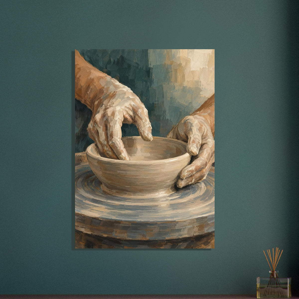 Hands at the Wheel painting of two clay-covered hands shaping a low bowl on a circular pottery wheel against muted teal.