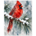 Watercolour red cardinal bird perched on a snow-covered pine branch