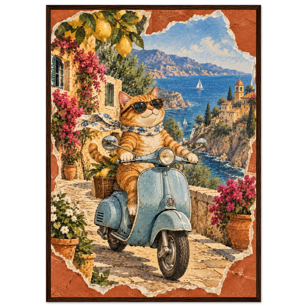 Orange cat in sunglasses and a scarf on a blue scooter, with lemons, flowers, coastal buildings and sailboats behind.