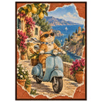 Orange cat in sunglasses and a scarf on a blue scooter, with lemons, flowers, coastal buildings and sailboats behind.