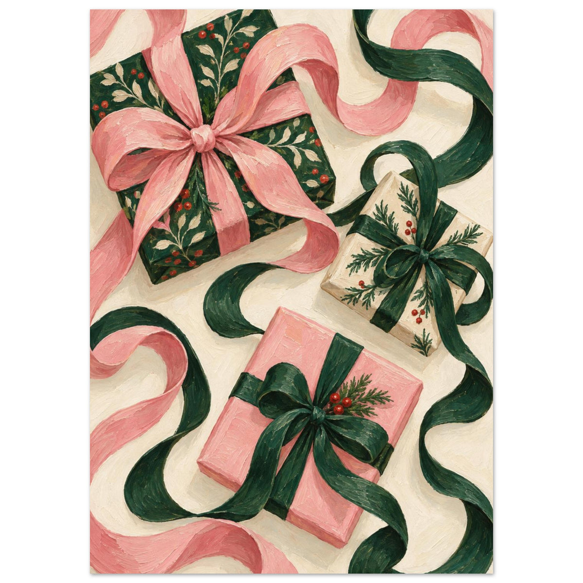 The Ribbon Dance shows three wrapped Christmas presents with oversized curling ribbons in forest green, shell pink and ivory.