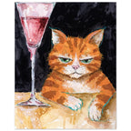 Ginger cat with green eyes resting its white paws on a golden table beside a tall glass of pink liquid, on black.