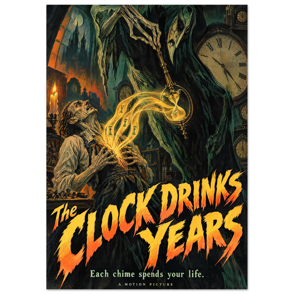 Hooded skeleton holds a glowing hourglass above a frightened man amid clocks, with ‘The Clock Drinks Years’ lettering.