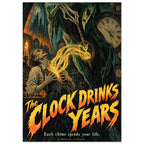 Hooded skeleton holds a glowing hourglass above a frightened man amid clocks, with ‘The Clock Drinks Years’ lettering.