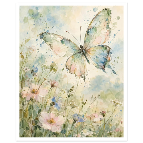 Pastel butterfly with spread wings above pink, blue and white wildflowers in soft green and blue watercolour washes.