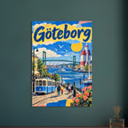 Göteborg lettering above a waterfront scene with a blue tram, suspension bridge, boats, pedestrians and flowers.