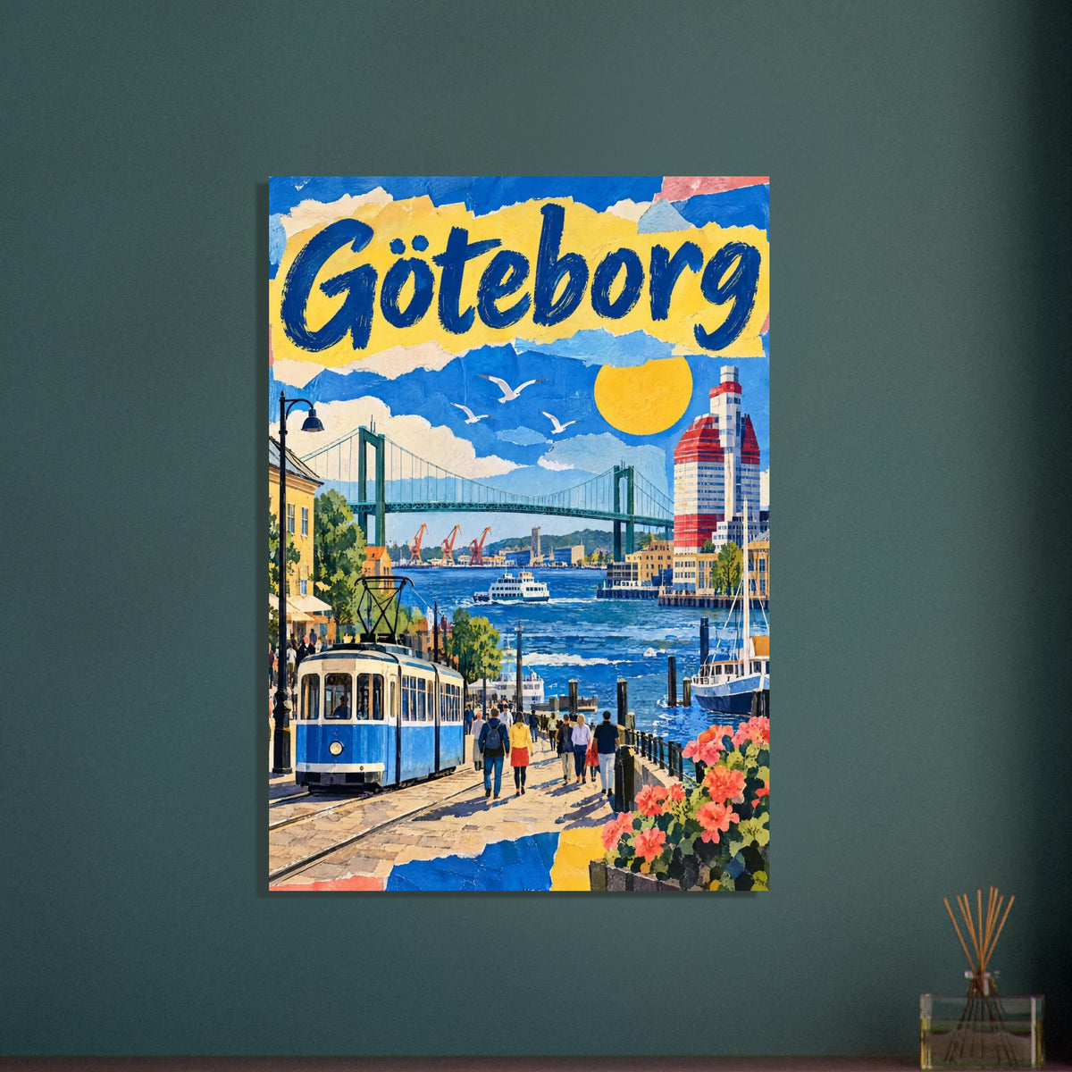 Göteborg lettering above a waterfront scene with a blue tram, suspension bridge, boats, pedestrians and flowers.