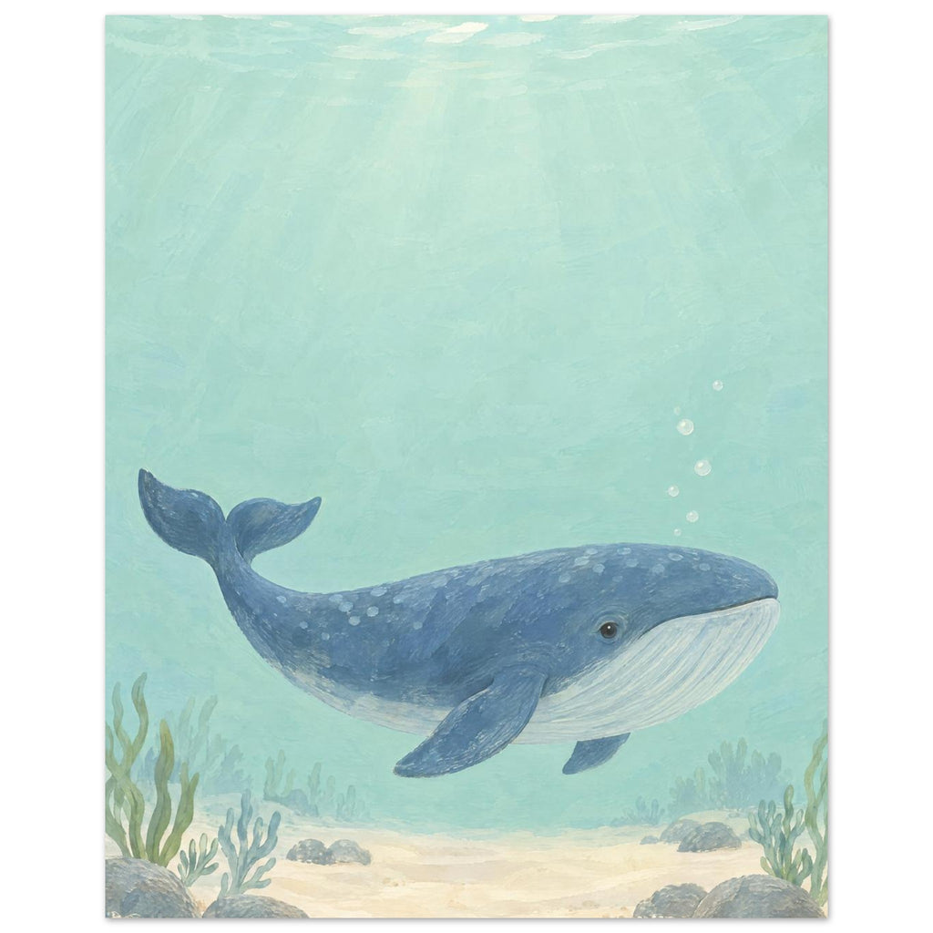 Blue whale swimming through pale aqua water above a sandy seabed with rocks and sea plants, beneath sunlit ripples.