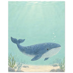 Blue whale swimming through pale aqua water above a sandy seabed with rocks and sea plants, beneath sunlit ripples.