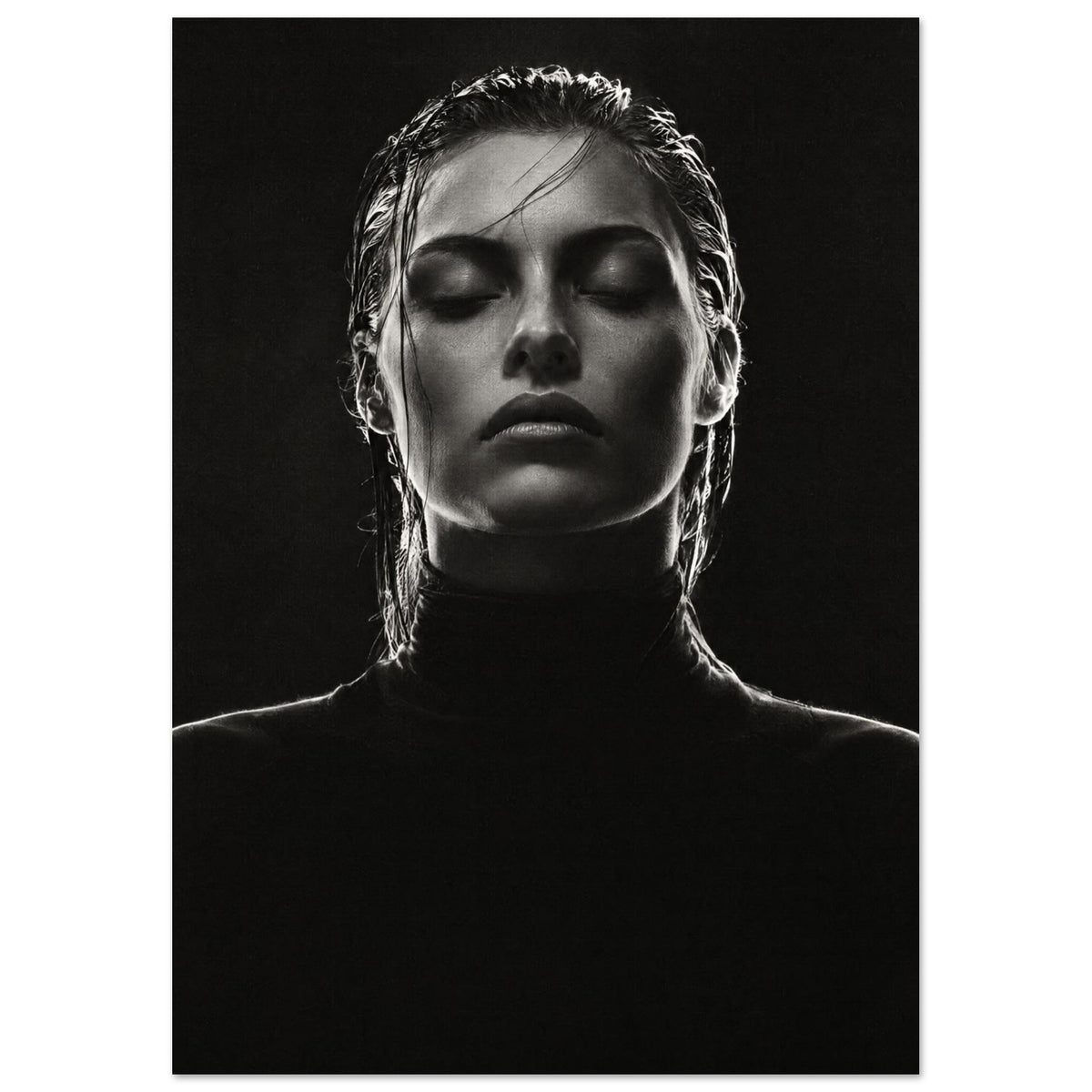 Black and white portrait of a woman with closed eyes, slicked-back hair and a dark high-neck top against black.