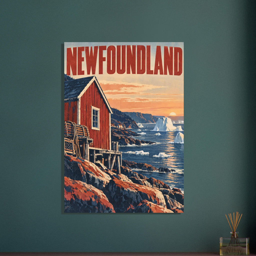 Newfoundland lettering above a red waterfront building, rocky shore and blue sea with icebergs beneath a peach sky.