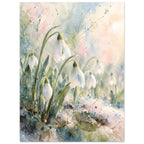 White snowdrops on curved green stems against loose watercolour washes of pale blue, pink and cream.