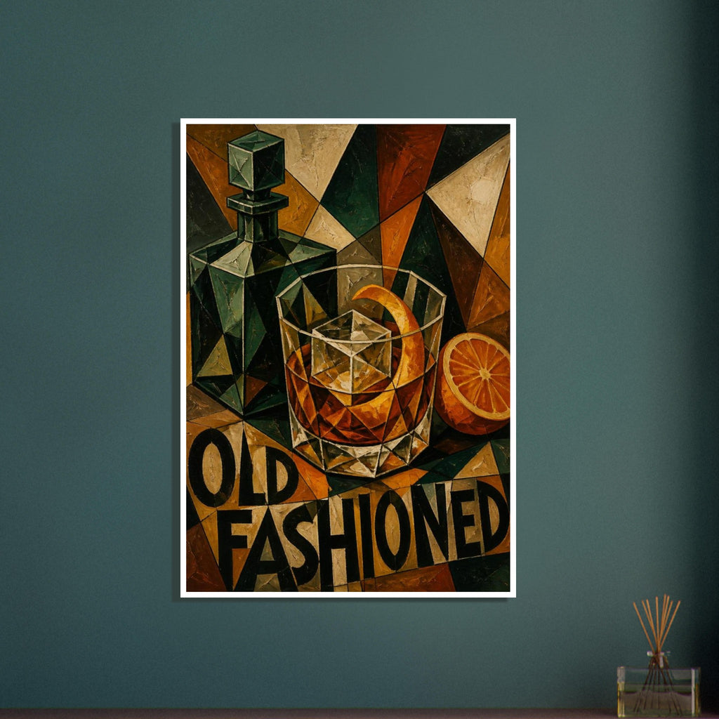 Cubist Old Fashioned cocktail with ice and orange peel, a green decanter, halved orange and bold lettering.