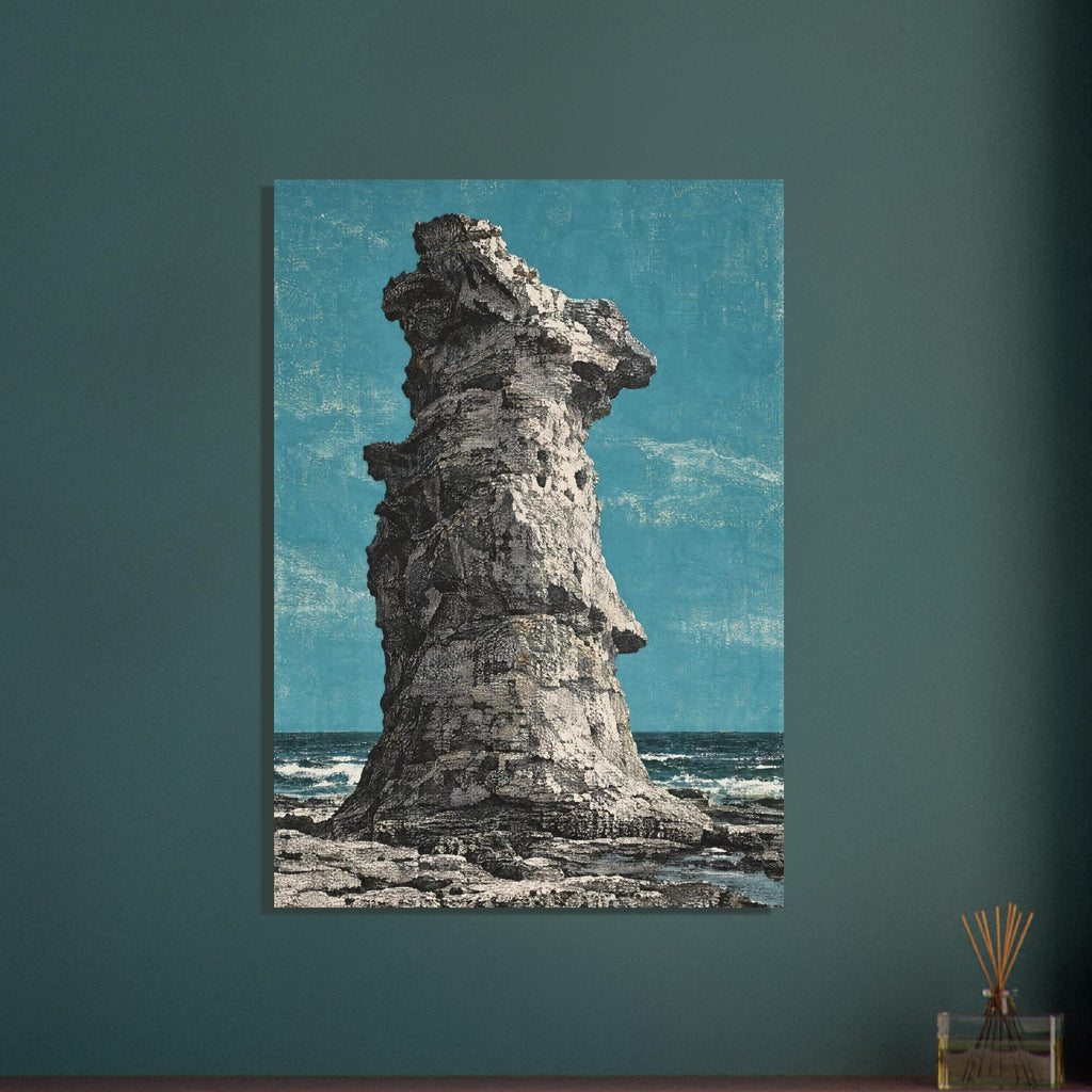 Tall, craggy grey rock stack on a rocky shore, with waves behind it and a teal sky under a distressed texture.